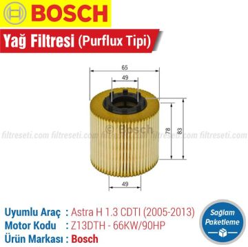 Opel Astra H 1.3 CDTI Bosch Filtre Bakım Seti (2005-2013) Hava-Yağ-Standart Polen