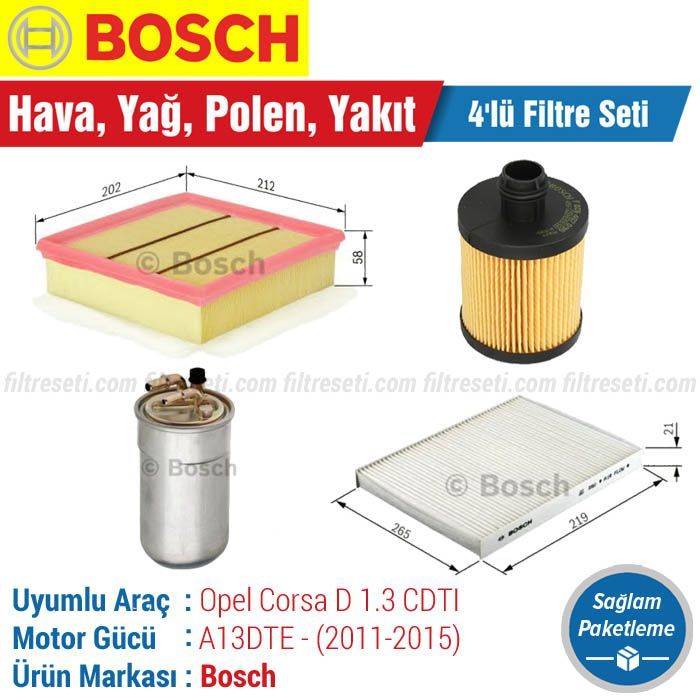 Opel Corsa D 1.3 CDTI Bosch Filtre Bakım Seti (2011-2015) Hava-Yağ-Polen-Yakıt