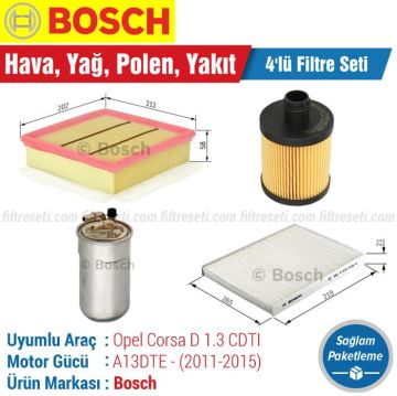 Opel Corsa D 1.3 CDTI Bosch Filtre Bakım Seti (2011-2015) Hava-Yağ-Polen-Yakıt