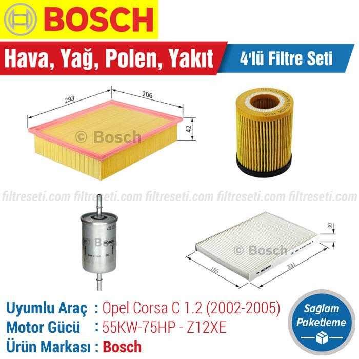 Opel Corsa C 1.2 16V. Bosch Filtre Bakım Seti (2002-2005) Hava-Yağ-Polen-Yakıt