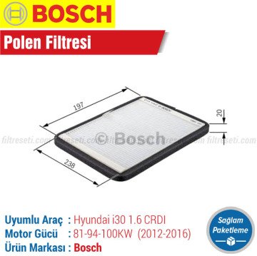 Hyundai İ30 1.6 CRDI Bosch Filtre Bakım Seti (2012-2016) Hava-Yağ-Polen