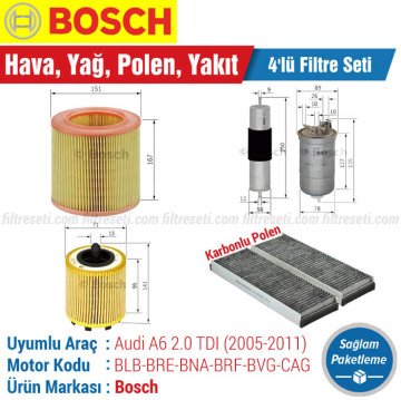Audi A6 2.0 TDI Bosch Filtre Bakım Seti (2005-2011) Hava-Yağ-Polen