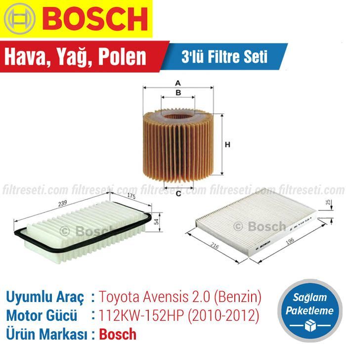 Toyota Avensis 2.0 Bosch Filtre Bakım Seti (2010-2012)