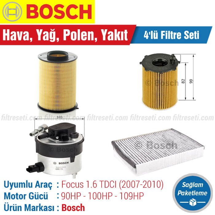 Ford Focus 1.6 TDCI Bosch Filtre Bakım Seti (2007-2010) Hava-Yağ-Standart Polen
