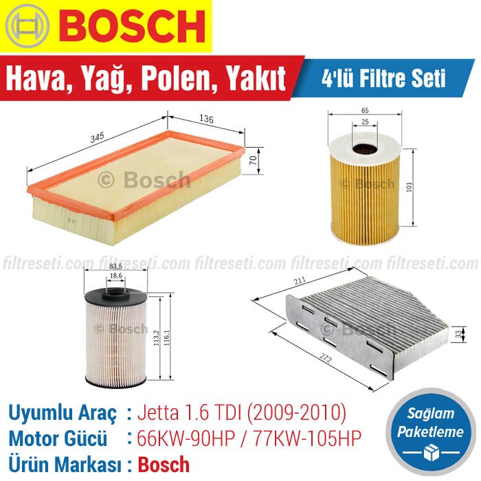 VW Jetta 1.6 TDI Bosch Filtre Bakım Seti (2009-2010) Hava-Yağ-Karbonlu Polen