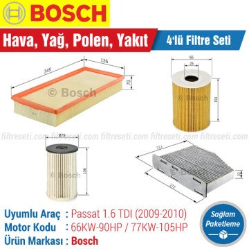 VW Passat 1.6 TDI Bosch Filtre Bakım Seti (2009-2010) Hava-Yağ-Standart Polen