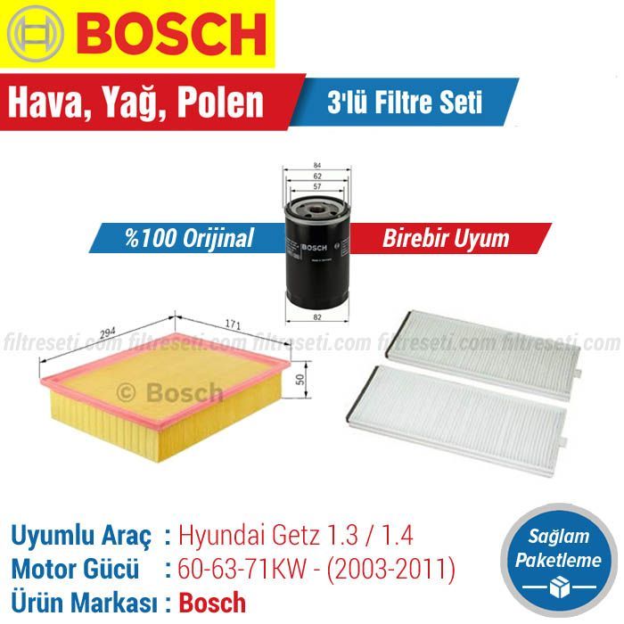 Hyundai Getz 1.3 / 1.4 Bosch Filtre Bakım Seti (2003-2011) Hava-Yağ-Polen