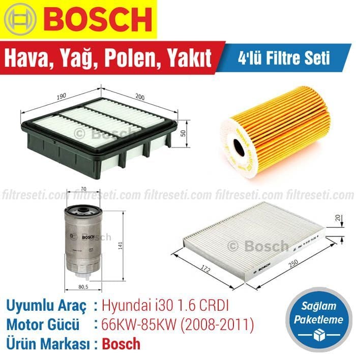 Hyundai İ30 1.6 CRDI Bosch Filtre Bakım Seti (2008-2011) Hava-Yağ-Polen