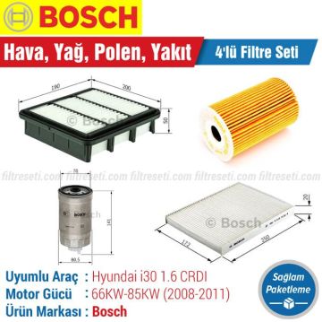 Hyundai İ30 1.6 CRDI Bosch Filtre Bakım Seti (2008-2011) Hava-Yağ-Polen-Yakıt