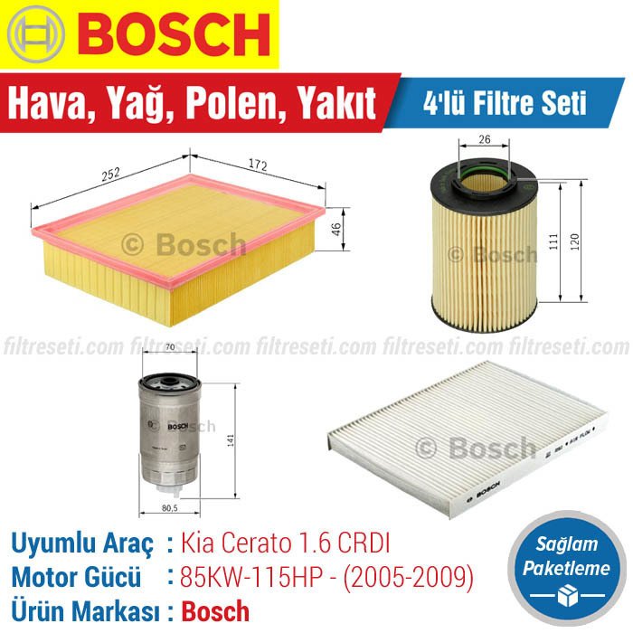 Kia Cerato 1.6 CRDI Bosch Filtre Bakım Seti (2005-2009) Hava-Yağ-Polen-Yakıt