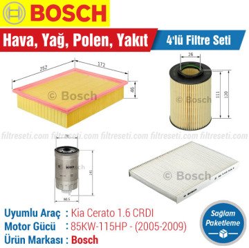 Kia Cerato 1.6 CRDI Bosch Filtre Bakım Seti (2005-2009) Hava-Yağ-Polen-Yakıt