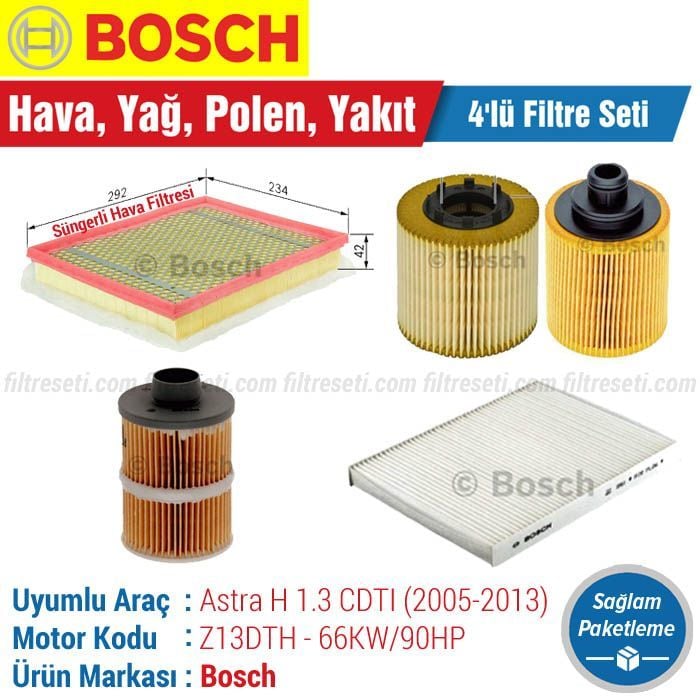 Opel Astra H 1.3 CDTI Bosch Filtre Bakım Seti (2005-2013) Hava-Yağ-Karbonlu Polen