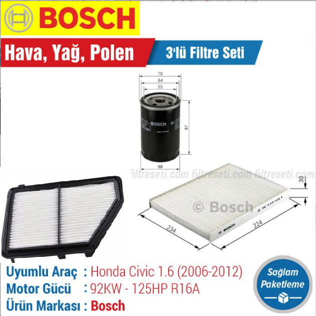Honda Civic 1.6 Bosch Filtre Bakım Seti (2007-2012) R16A