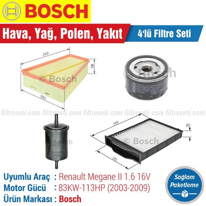 Renault Megane 2 1.6 16V Bosch Filtre Bakım Seti (2003-2009)