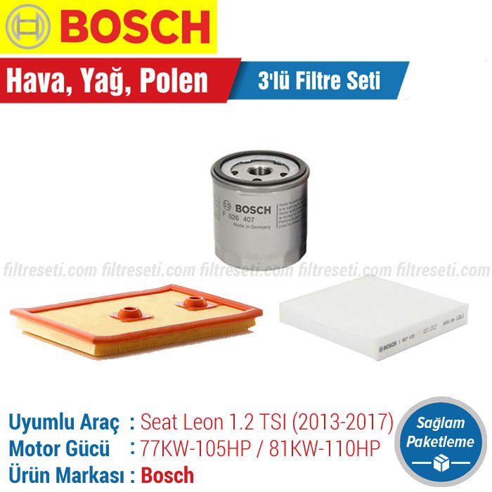 Seat Leon 1.2 TSI Bosch Filtre Bakım Seti (2013-2017) CJZ - CYV Hava-Yağ-Standart Polen