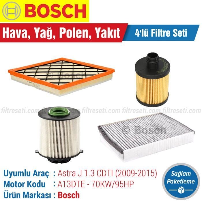 Opel Astra J 1.3 CDTI Bosch Filtre Bakım Seti (2009-2015) Hava-Yağ-Karbonlu Polen-Yakıt