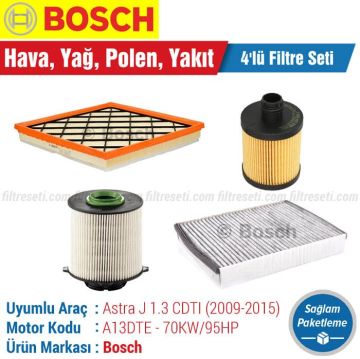 Opel Astra J 1.3 CDTI Bosch Filtre Bakım Seti (2009-2015) Hava-Yağ-Karbonlu Polen-Yakıt