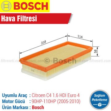 Citroen C4 1.6 HDi Euro 4 Bosch Filtre Bakım Seti (2005-2010) Hava-Yağ-Polen