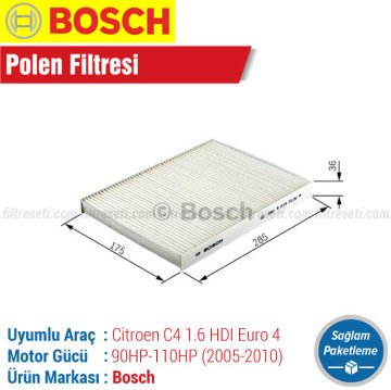Citroen C4 1.6 HDi Euro 4 Bosch Filtre Bakım Seti (2005-2010) Hava-Yağ-Polen