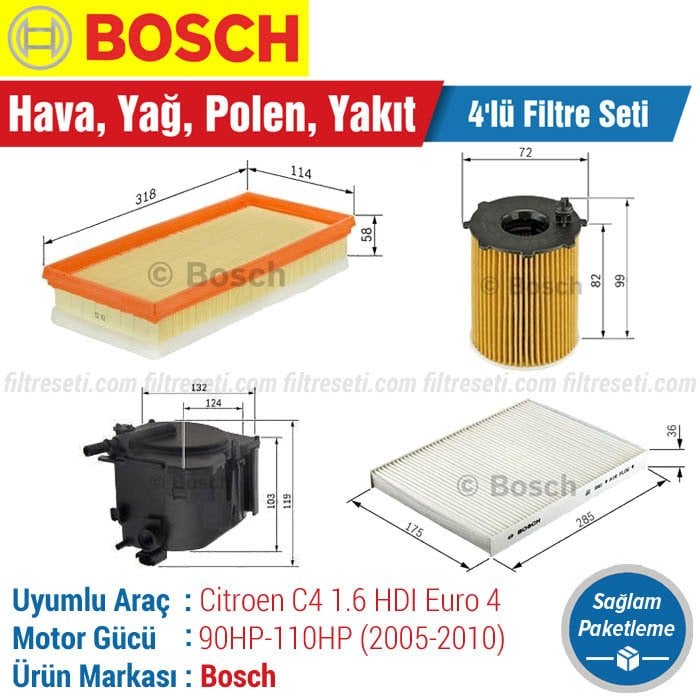 Citroen C4 1.6 HDi Euro 4 Bosch Filtre Bakım Seti (2005-2010) Hava-Yağ-Polen-Yakıt