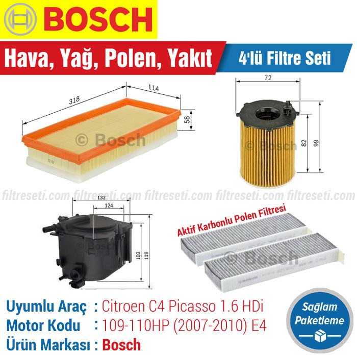 Citroen C4 Picasso 1.6 HDI Bosch Filtre Bakım Seti (2007-2010) Hava-Yağ-Polen