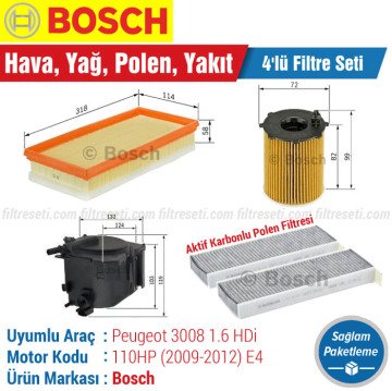 Peugeot 3008 1.6 HDI Bosch Filtre Bakım Seti (2009-2012) Hava-Yağ-Polen-Yakıt