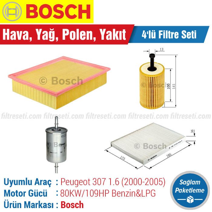 Peugeot 307 1.6 Bosch Filtre Bakım Seti (2000-2005) Hava-Yağ-Standart Polen-Yakıt