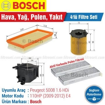 Peugeot 5008 1.6 HDI Bosch Filtre Bakım Seti (2010-2012) Hava-Yağ-Polen