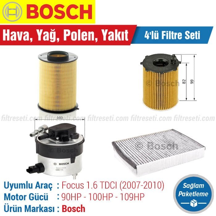 Ford Focus 1.6 TDCI Bosch Filtre Bakım Seti (2007-2010) Hava-Yağ-Karbonlu Polen