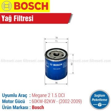 Renault Megane 2 1.5 DCI Bosch Filtre Bakım Seti (2002-2009) Hava-Yağ-Polen-Yakıt