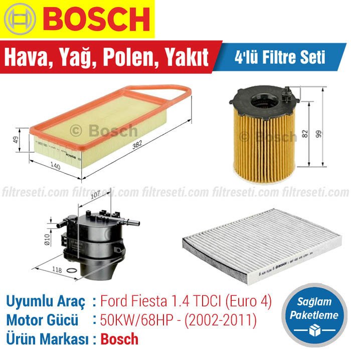 Ford Fiesta 1.4 TDCI Euro 4 Bosch Filtre Bakım Seti (2002-2011) Hava-Yağ-Karbonlu Polen-Yakıt