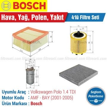 VW Polo 1.4 TDI Bosch Filtre Bakım Seti (2001-2005) AMF-BAY Hava-Yağ-Karbonlu Polen-Yakıt