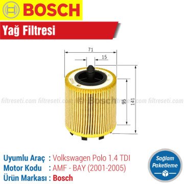 VW Polo 1.4 TDI Bosch Filtre Bakım Seti (2001-2005) AMF-BAY Hava-Yağ-Standart Polen-Yakıt