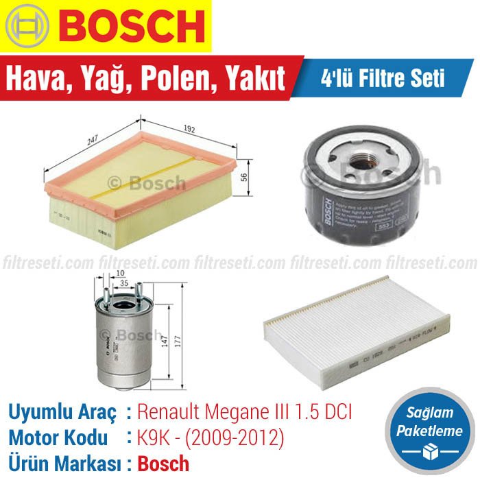 Renault Megane 3 1.5 DCI Bosch Filtre Bakım Seti (2009-2012) Hava-Yağ-Polen-Yakıt