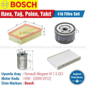 Renault Megane 3 1.5 DCI Bosch Filtre Bakım Seti (2009-2012) Hava-Yağ-Polen-Yakıt