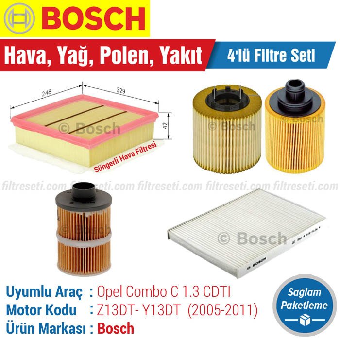 Opel Combo C 1.3 CDTI Bosch Filtre Bakım Seti (2005-2011) Hava-Yağ-Standart Polen-Yakıt