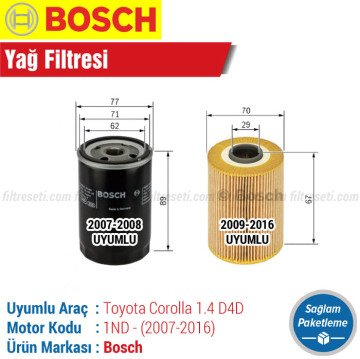 Toyota Corolla 1.4 D4D Bosch Yağ Filtresi (2007-2016) Aracım 2007-2008 Model Aralığında
