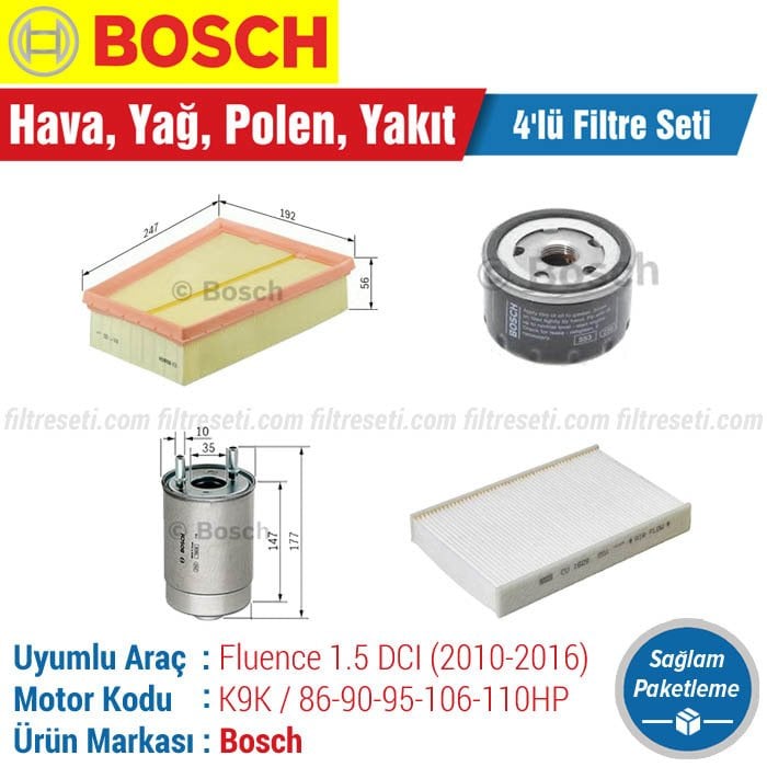 Renault Fluence 1.5 DCI Bosch Filtre Bakım Seti (2010-2016) Hava-Yağ-Polen
