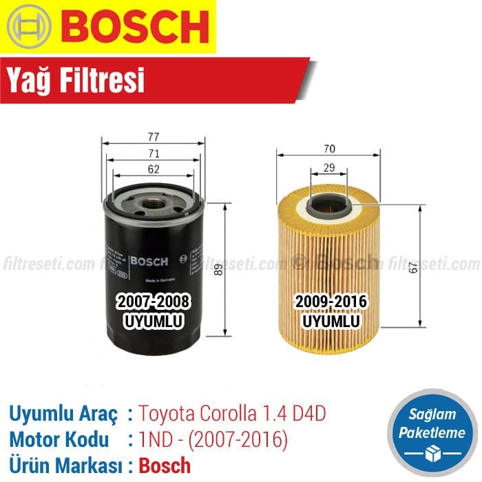 Toyota Corolla 1.4 D4D Bosch Yağ Filtresi (2007-2016) Aracım 2009-2016 Model Aralığında