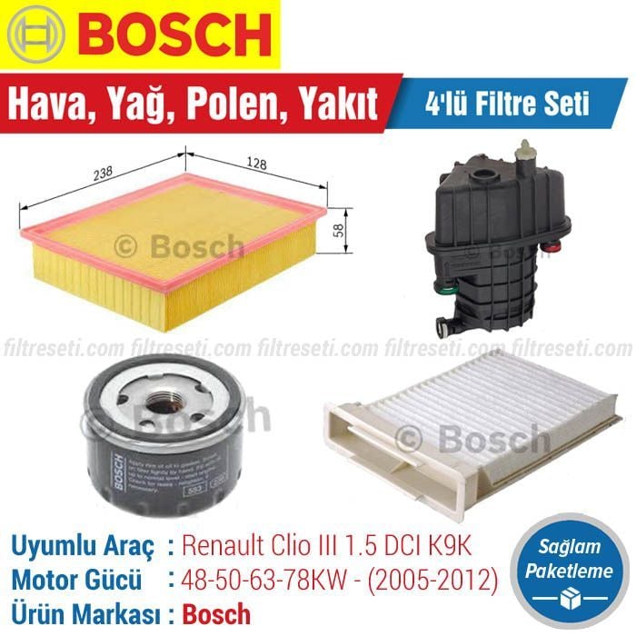 Renault Clio 3 1.5 DCI Bosch Filtre Bakım Seti (2005-2012) Hava-Yağ-Polen-Yakıt