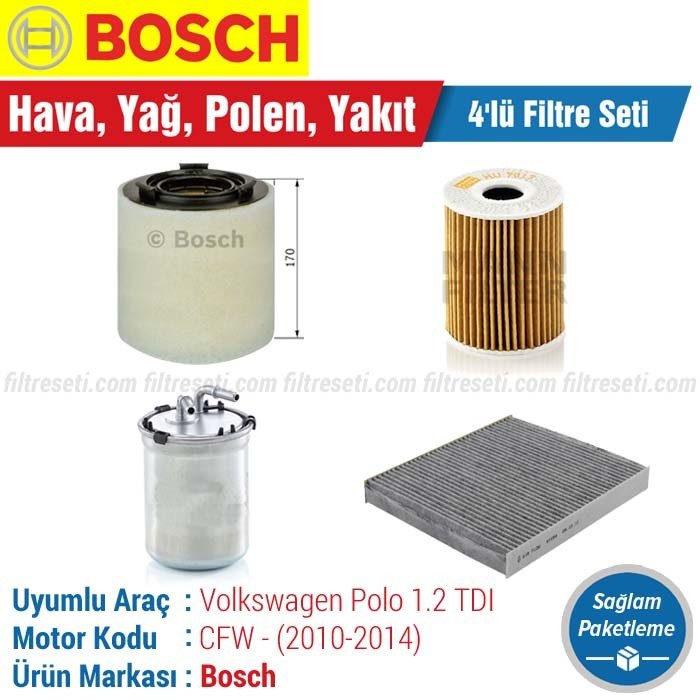 VW Polo 1.2 TDI Bosch Filtre Bakım Seti (2010-2014) Hava-Yağ-Standart Polen-Yakıt