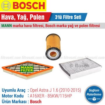 Opel Astra J 1.6 Bosch Filtre Bakım Seti (2010-2015) Hava-Yağ-Standart Polen