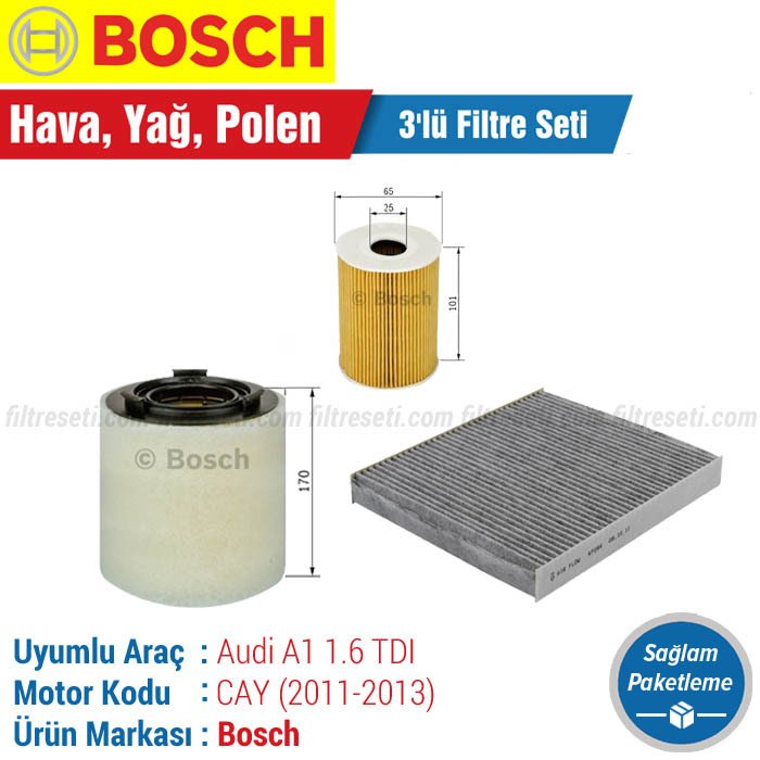 Audi A1 1.6 TDI Bosch Filtre Bakım Seti (2011-2013) Hava-Yağ-Karbonlu Polen