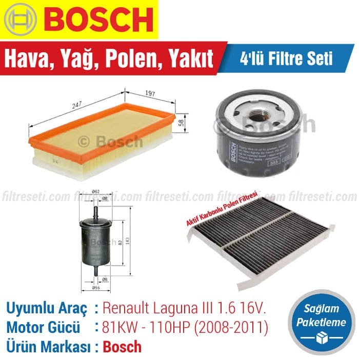 Renault Laguna 3 1.6 Bosch Filtre Bakım Seti (2008-2011) Hava-Yağ-Polen