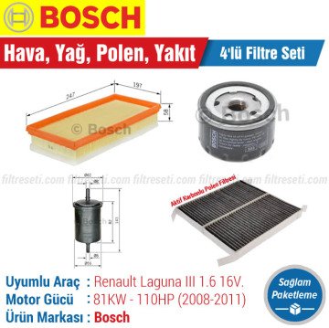 Renault Laguna 3 1.6 Bosch Filtre Bakım Seti (2008-2011) Hava-Yağ-Polen