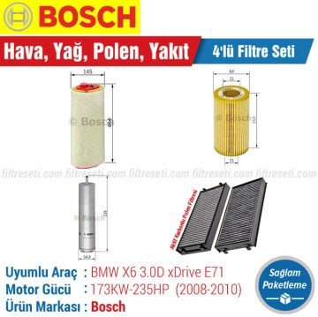 BMW X6 3.0D xDrive E71 Bosch Filtre Bakım Seti (2008-2010) Hava-Yağ-Polen