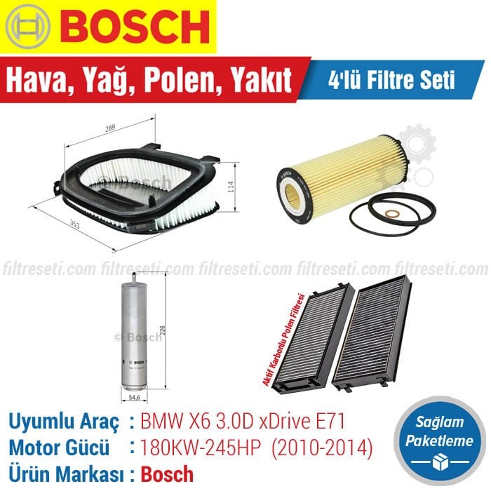 BMW X6 3.0D xDrive E71 Bosch Filtre Bakım Seti (2010-2014) Hava-Yağ-Polen