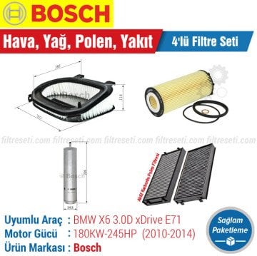 BMW X6 3.0D xDrive E71 Bosch Filtre Bakım Seti (2010-2014) Hava-Yağ-Polen