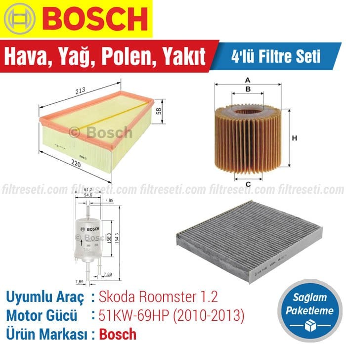Skoda Roomster 1.2 Bosch Filtre Bakım Seti (2010-2013) Hava-Yağ-Karbonlu Polen-Yakıt