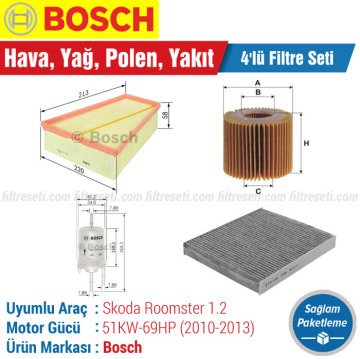 Skoda Roomster 1.2 Bosch Filtre Bakım Seti (2010-2013) Hava-Yağ-Karbonlu Polen-Yakıt